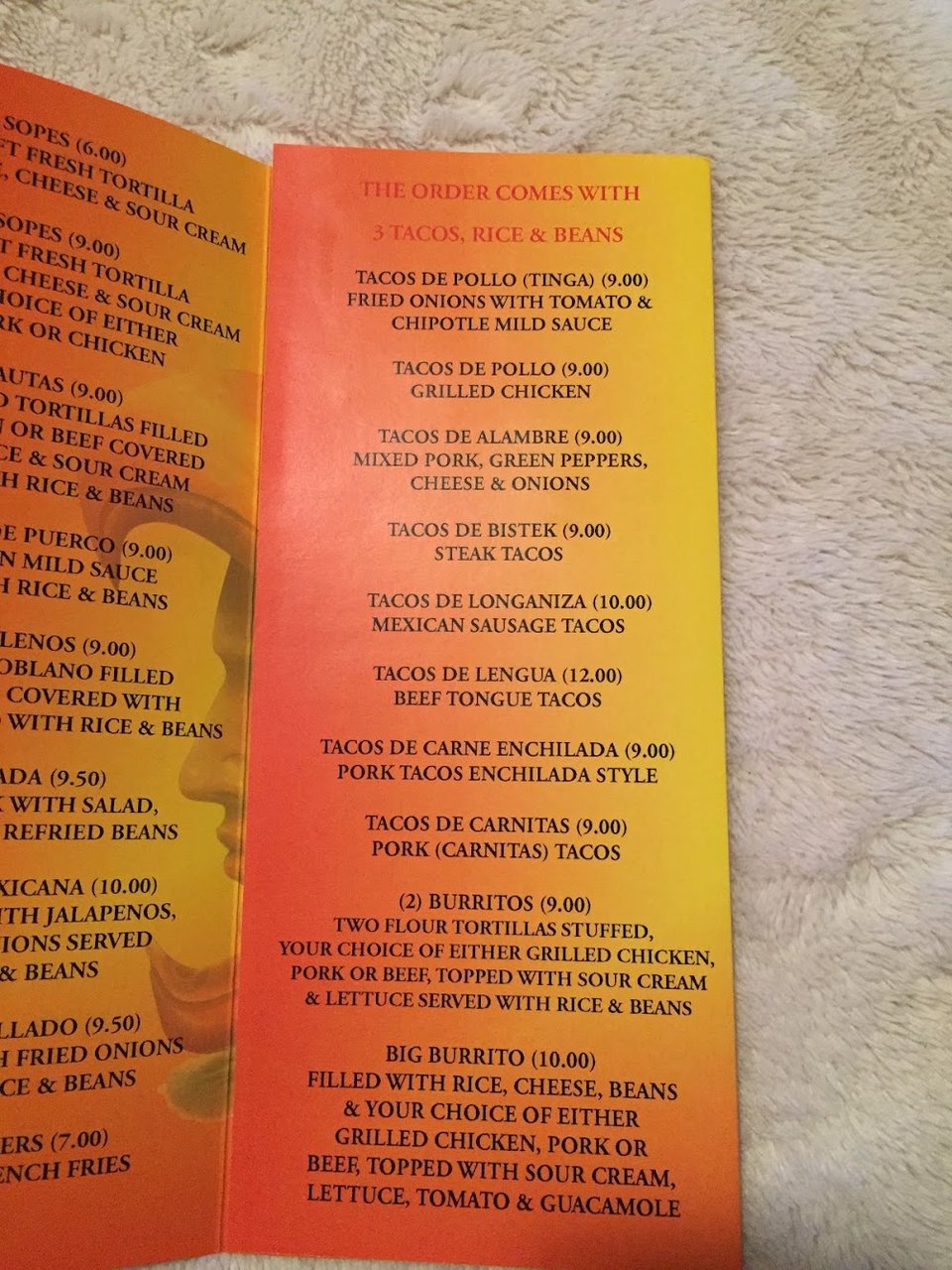 Printed menu showing sweet drinks and desserts.