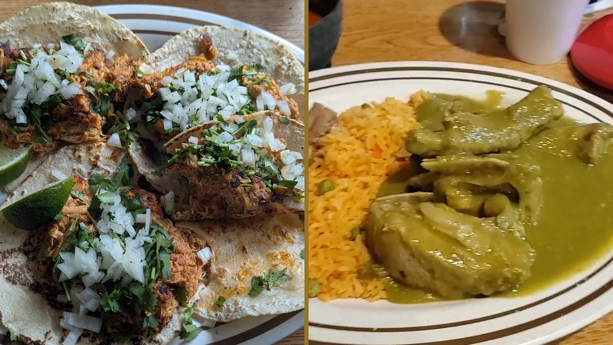 Colorful plates of Mexican fare on simple tabletops.