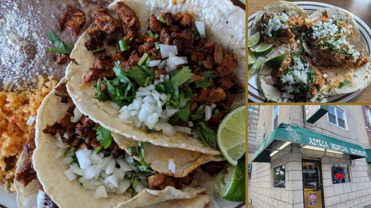 Colorful plates of Mexican fare on simple tabletops.